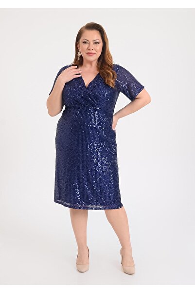 LİLAS XXL Büyük Beden Lacivert Renkli Kruvaze Yaka Pul payetli Abiye Elbise