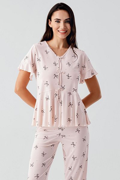 Artış Bow Patterned Short Sleeve Flexible Viscose Pajama Suit