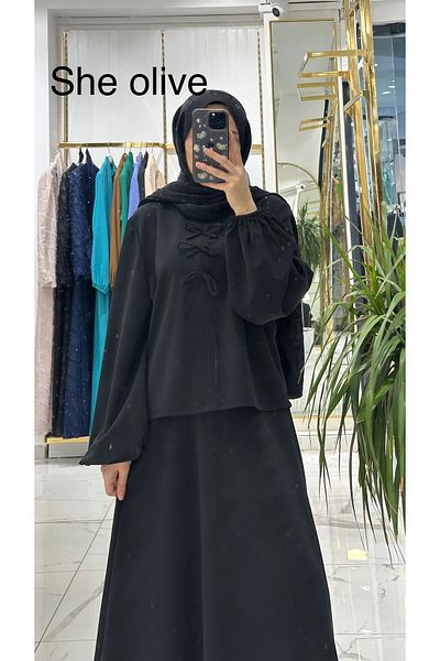 She Olive Black Bow Skirt Suit Shoes