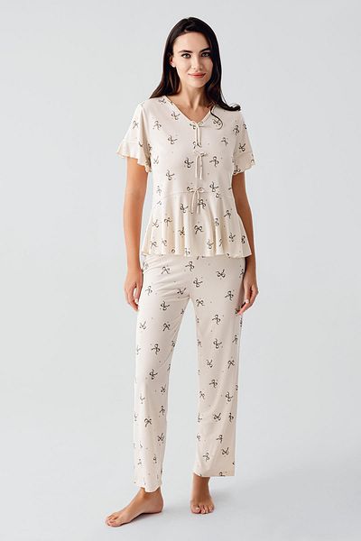 Artış Bow Patterned Short Sleeve Flexible Viscose Pajama Suit