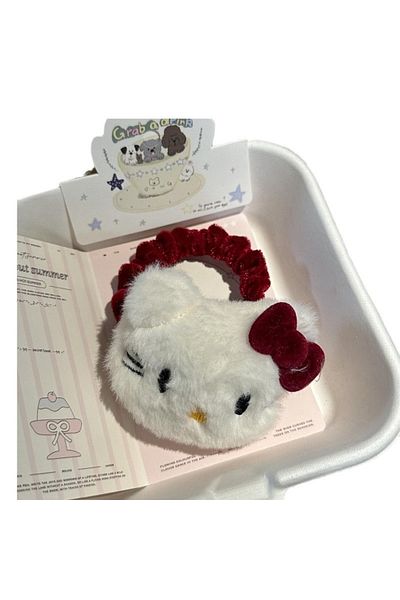 Miniso hair tie Sanrio Hello Kitty Hairpin Autumn and Winter Cute Plush Kitty Sweet Red Bow Hairpin Girl Ba
