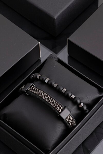 Sortie Aksesuar Siyah Hakiki Deri Ve Hematit Doğal Taş Erkek Kombin Bileklik Seti 002