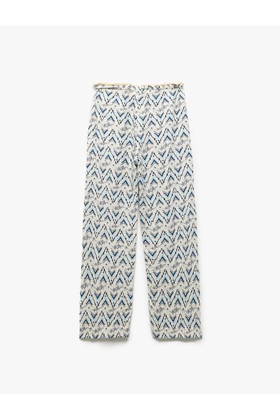 Koton Viscose Laced Waist Patterned Straight Leg Trousers