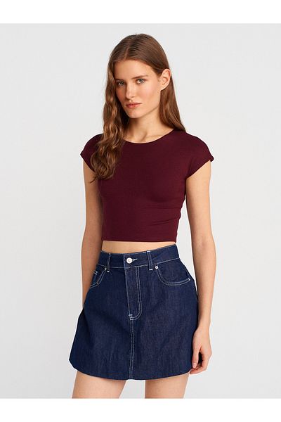 Dilvin 30528 Cotton and Modal Blended Crop Top-Burgundy