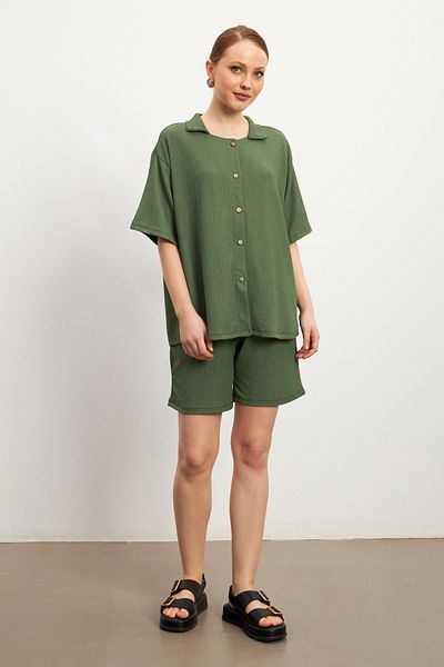 MODAGEN Set cămașă verde cu mânecă scurtă pentru femei, cu pantaloni scurți