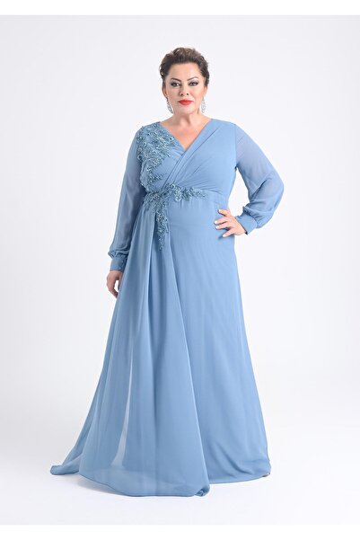 LİLAS XXL Büyük Beden Turkuaz Renkli Uzun Şifon Abiye Elbise