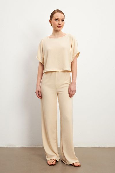 MODAGEN Women's Beige Short Sleeve Crinkle Pants Set