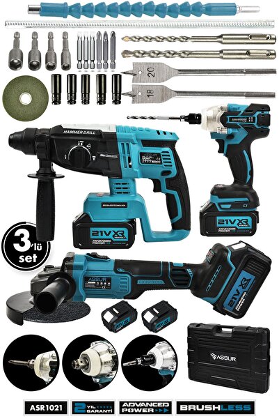 ASSUR 21v Çift Akü Kırıcı Delici Hilti 2-26mm Somun Sıkma Sökme Taşlama 3'lü Set
