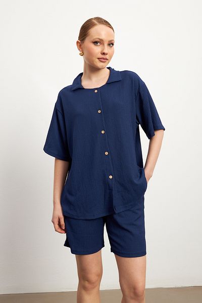 MODAGEN Women's Navy Blue Short Sleeve Crinkle Shirt Shorts Suit