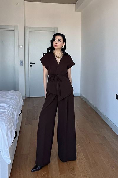Seda Yalçın Atelier Coffee t Arm Tie-In Vest Pants Suit