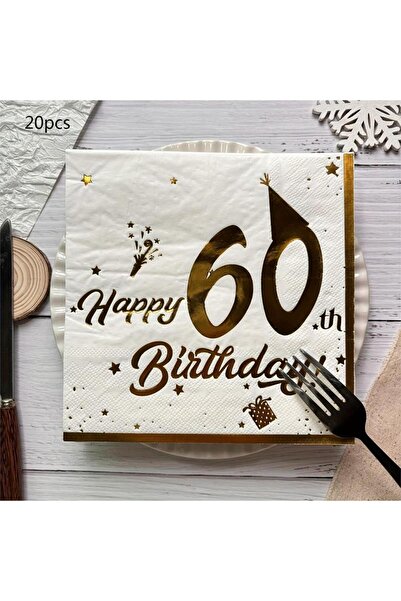 Choice 60 20 Pcs Happy Birthday Napkins White and Gold, Tableware Party Napki...