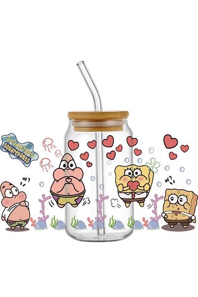 Miniso H3659 Miniso Lovely Cartoon spongebob 16oz Libby UV DTF Cup Wrap Transfer Sticker Decals Custom Des