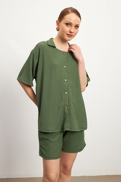 MODAGEN Set cămașă verde cu mânecă scurtă pentru femei, cu pantaloni scurți