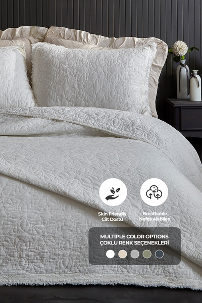 Evlen Home Collection 100% Cotton Double Pique Set Special Stone Washed Bedspread Soft Rabio Cream Off White