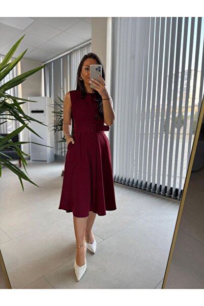 caddstore My 3715 Bordo Kemerli Midi Elbise