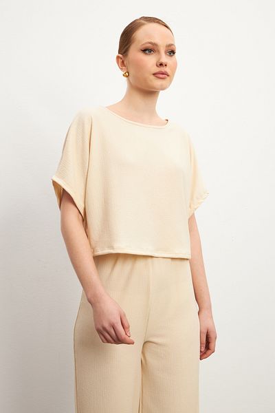 MODAGEN Women's Beige Short Sleeve Crinkle Pants Set