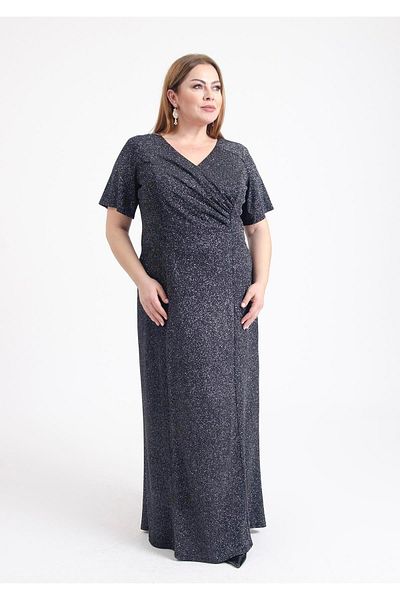 LİLAS XXL Plus Size Black Colored Short Sleeve Double Breasted Collar Lycra Glitter Evening Dress