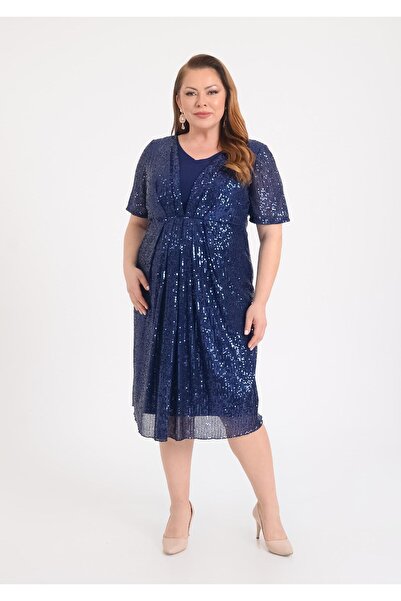 LİLAS XXL Büyük Beden Lacivert Renkli Likralı Pul payetli Abiye Elbise