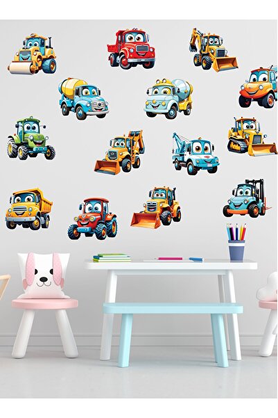 LİPYOS Sevimli Araçlar, İş Makinaları, Kamyon, Dozer Çocuk Odası Duvar Sticker Etiket