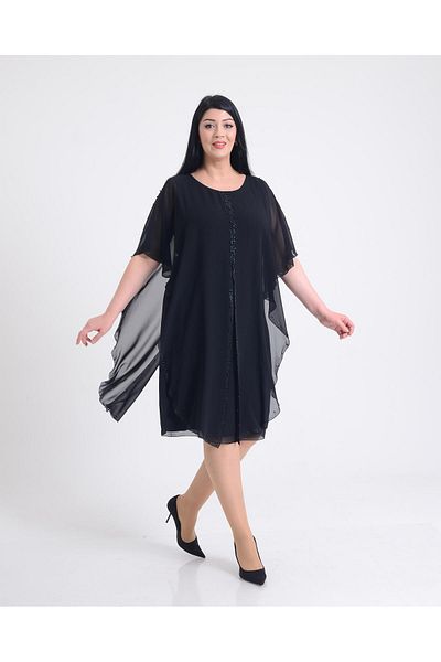 LİLAS XXL Rochie de seară scurtă, cu perle imprimate cu piatră de culoare neagră, mărime mare