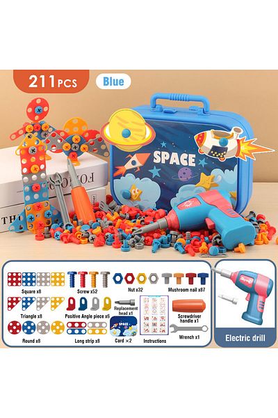 choice2 blue 211pcs 351stk/211stk Children DIY Tool Toys Set Electric Drill Screw Nuts Puzzle Toy Pretend Pl