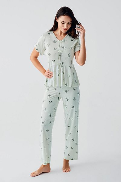 Artış Bow Patterned Short Sleeve Flexible Viscose Pajama Suit