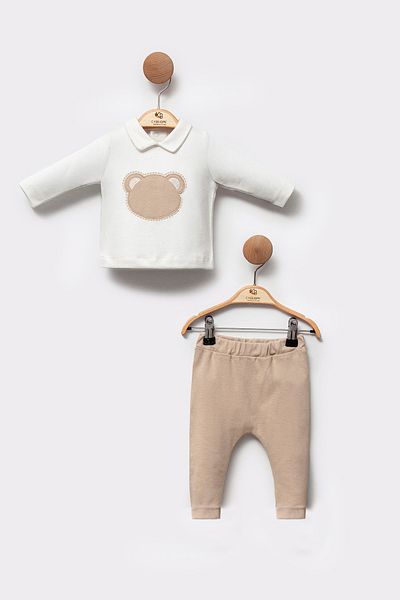 Cassiope Soft Cotton Polo Collar Teddy Bear Embroidered Holiday 2-Piece Bottom Top Baby Boy Set