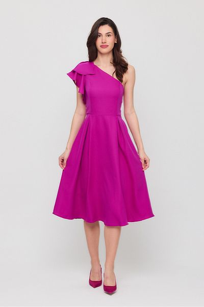 Ceylen One Shoulder Ruffle Sleeve Pleated Midi Length Evening Dress
