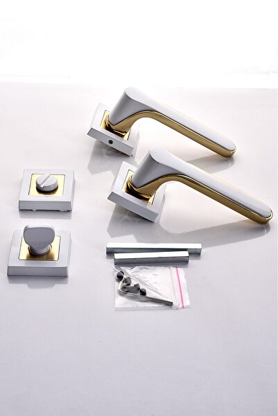 ararsanburada Kare Rozetli Beyaz-Gold WC Kapı Kolu 1 Takım