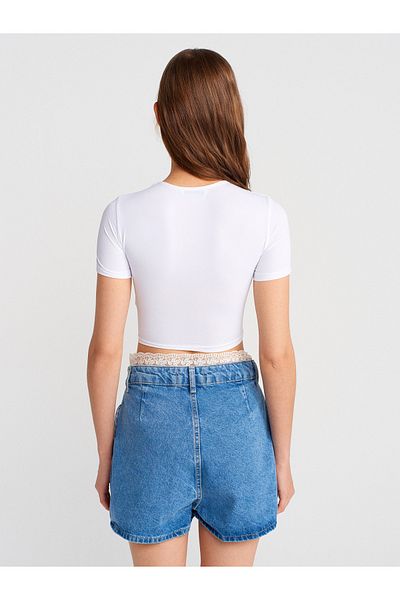 Dilvin 31175 Crew Neck Crop Top-White