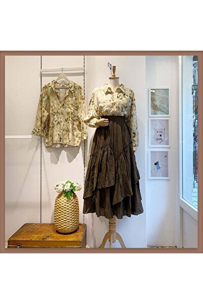 Faya Boutique Haki yeşili ajouter vual keten etek