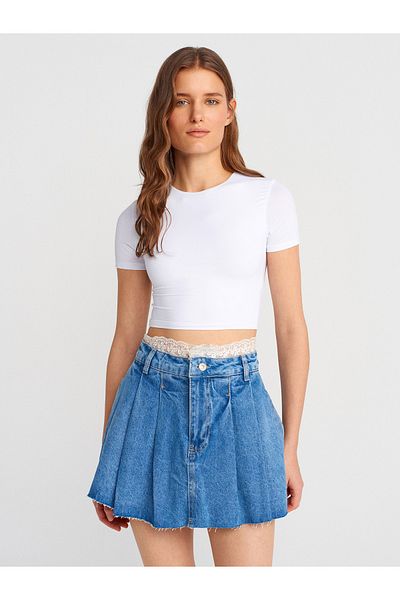 Dilvin 31175 Crew Neck Crop Top-White