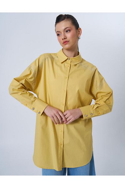 Kayra Wide Cuff Hotfix Printed Cotton Tunic Yellow