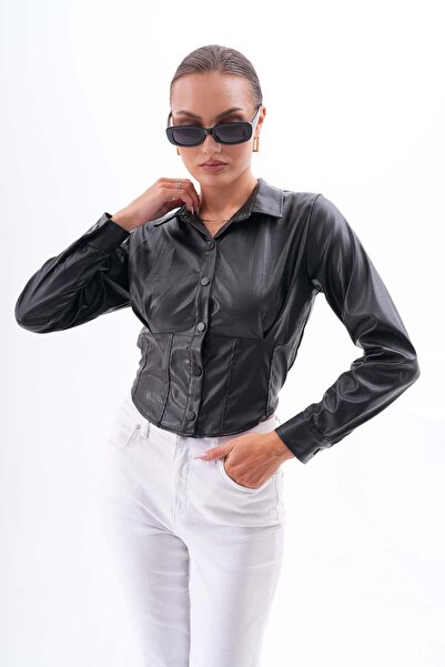 ŞİMAL Γυναικείο δερμάτινο πουκάμισο με μακρυμάνικο και λεπτομερές λάστιχο στην πλάτη 255278 -