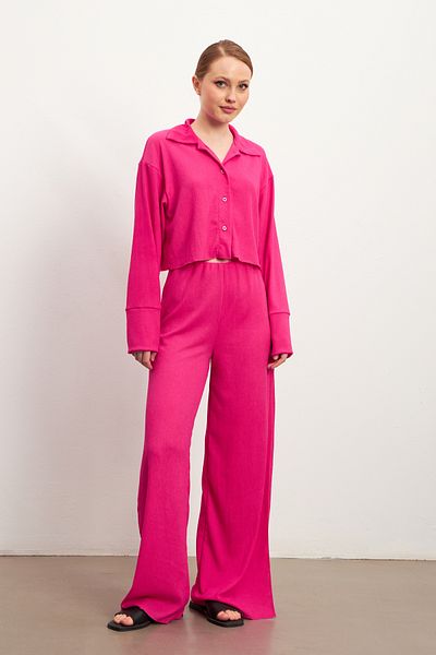 MODAGEN Women's Fuchsia Long Sleeve Shirt Slit Pants Crinkle Set
