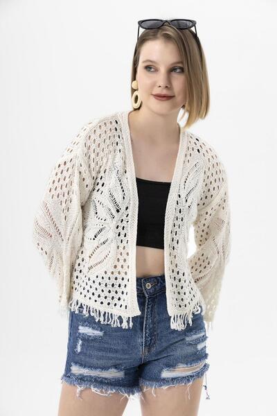 ŞİMAL Kadın Püskül Detaylı Desenli Önü Açık Kısa Örme Hırka 245045 -