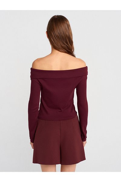 Dilvin 31400 Off-The-Shoulder Buttoned Top-Burgundy