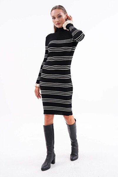 ŞİMAL Women's Stripe Patterned Half Fisherman Knitwear Knitted Long Dress 245166 -