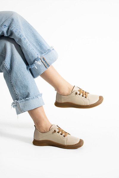 Getcho Preko Pantofi sport pentru femei, din piele naturală, cremă, cu șireturi, pantofi sport, model moale
