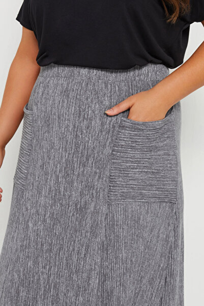 Stil Diva Large Size Elastic Waist Ribbed Maxi Skirt with Front Pocket 303899