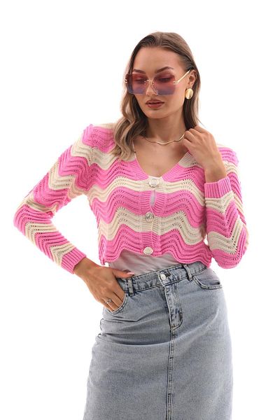 ŞİMAL Zigzag Patterned Women's Knitwear Cardigan - Metal Button Detail 245028