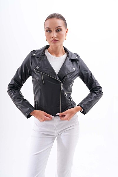 ŞİMAL Women's Leather Jacket 245216 - Cross Zipper