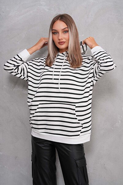 ŞİMAL Kadın Çizgi Desenli Kanguru Cepli Kapüşonlu İki İplik Oversize Sweatshirt 245124 -