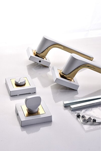 ararsanburada Kare Rozetli Beyaz-Gold WC Kapı Kolu 1 Takım