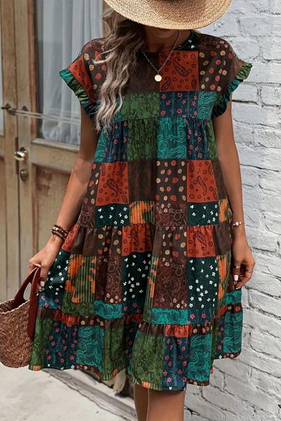 Mossta Ruffled Sleeves Round Neck Dress Patterned