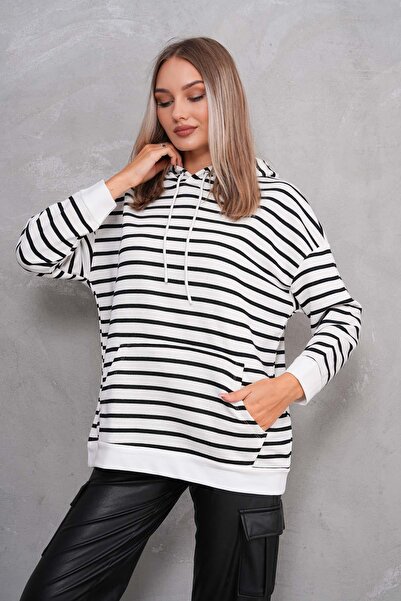 ŞİMAL Kadın Çizgi Desenli Kanguru Cepli Kapüşonlu İki İplik Oversize Sweatshirt 245124 -