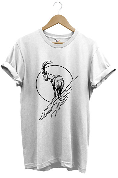 WİDİ Hunting Mountain Goat Printed 100% Cotton Regular Fit Crew Neck White T-...