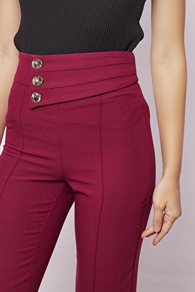 Jument Kadın Yüksek Bel Önü Dikişli Kemeri Düğmeli Rahat Paça Hafif Likralı Kumaş Ofis Pantolon-Bordo