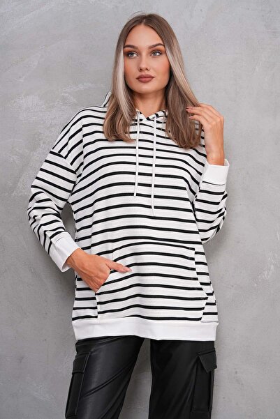 ŞİMAL Kadın Çizgi Desenli Kanguru Cepli Kapüşonlu İki İplik Oversize Sweatshirt 245124 -