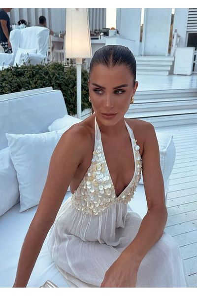 FASHION COCKTAIL Double Back Tie Pearl Mother of Pearl Sea Shell Lined Flying Summer Vacation Seaside Maxi Long Dress